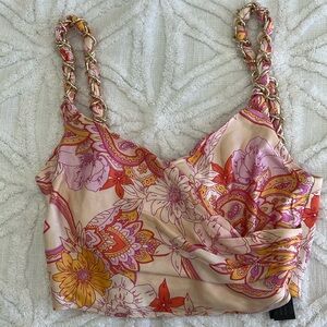 Zara pink orange floral sleeveless crop tan top size small